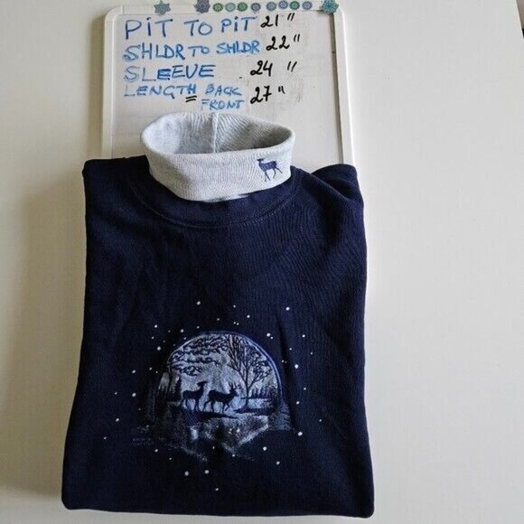 Artisans Top Womens L Navy USA Made XMas Embroidery Print Turtleneck LS FLAW VTG - Picture 14 of 15